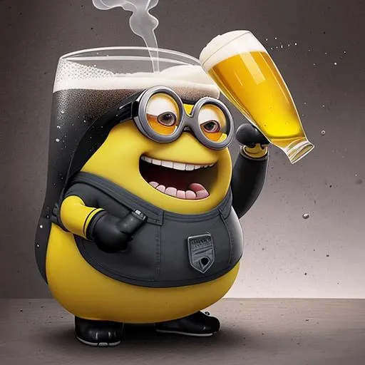 a fat minion shrieking and gnashing its teeth, In a glass flask, digital art by greg rutkowski, In a glass flask with beer,