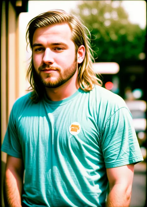 a photo of a Irish blonde (stubble, double chin) man (smiling:0.98)(young, fat:0.3) standing by a [window | car door | motorbike | tree | kitchen], wearing a t-shirt, 1970s (faded:0.9), (arm hair, spots, moles, red button nose, round eyes, long hair, frown lines), (faded, neutral colors, CANON AE-1:1.1, high noise, grainy, film grain, blurry, 32mm, aged photo, raytracing:1.1)