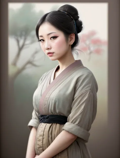 (((carton))), an asian woman, pale, perfect makeup, bun hair, japanese village, (professional majestic oil painting by Ed Blinkey:1.2)