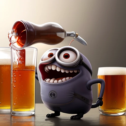 a minion shrieking and gnashing its teeth, In a glass flask, digital art by greg rutkowski, In a glass flask with beer,