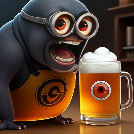 a minion shrieking and gnashing its teeth, In a glass flask, digital art by greg rutkowski, In a glass flask with beer,