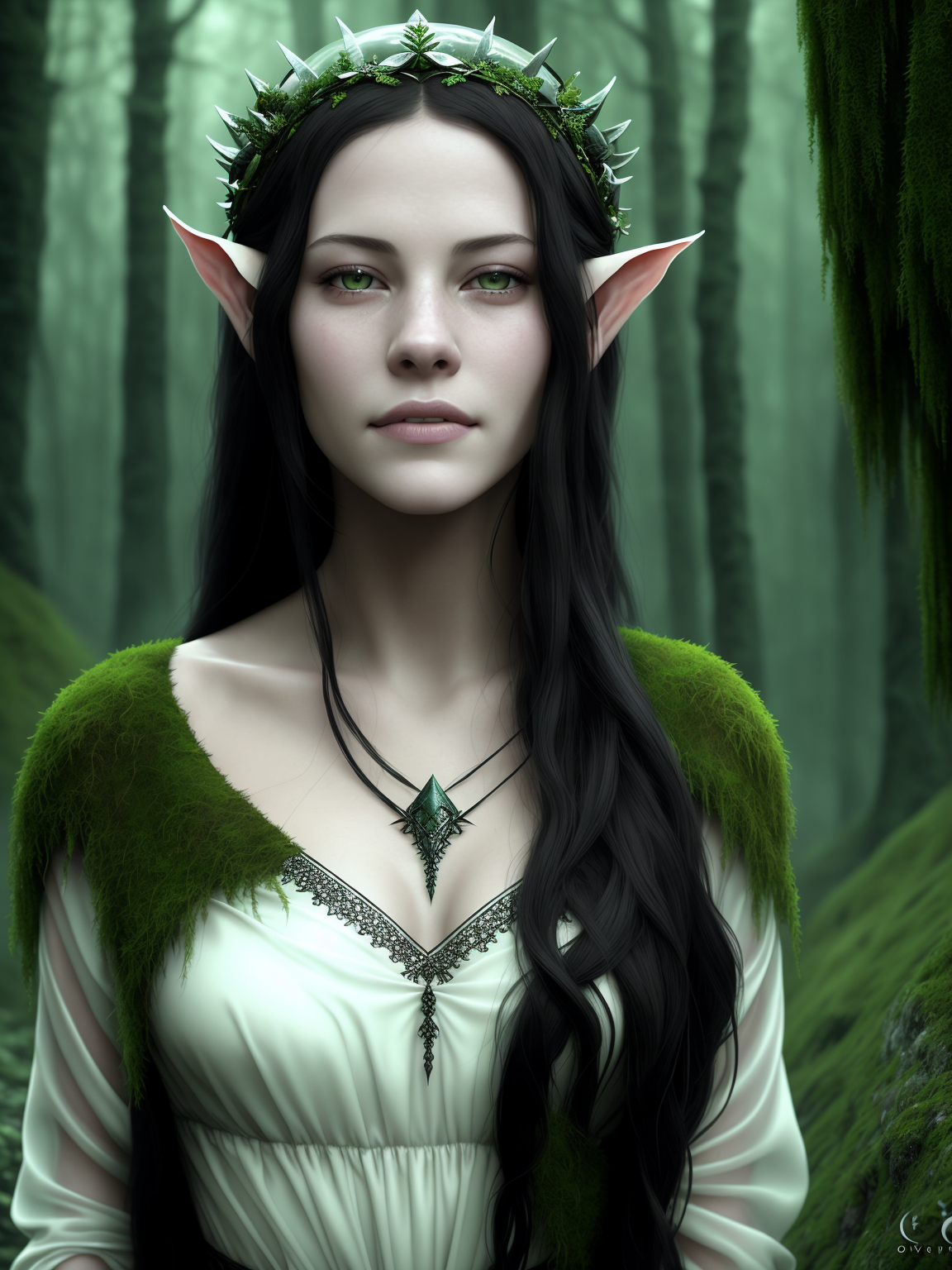 A woman with long black hair wearing a green dress and a crown - SeaArt AI