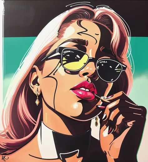 fingers, painting gangster (europ woman:1.2) face with sunglasses, haughty look, mouth open a bit, (body tattoo:1.2), (olive skin tone:1.2), high heel shoes, Grafitti art, detailed acrylic, (thick black outlines:1.4), (thick white outlines:1.4), (oily lips:1.4), highlights, high contrast, bold shadow, brush strokes, illustration, drawing, painting by famous artist, low skin texture, low details, Hard light scattering, soft cinematic light, dim colors, faded, ambient light, Against the background of the strip bar, octane tint