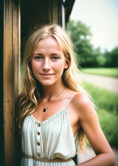 a photo of a dutch blonde woman (smiling:0.98)(old:0.9) standing by a [window | car door | motorbike | tree | kitchen], wearing a loose sundress, 1970s (faded:1.1), (arm hair, spots, moles, red button nose, round eyes, long hair, frown lines), (faded, neutral colors, CANON AE-1:1.1, high noise, grainy, film grain, blurry, 32mm, aged photo, raytracing:1.1)