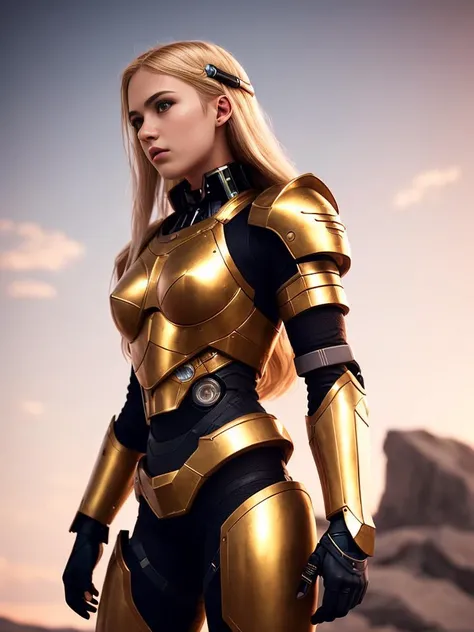 cinematic shot, centered, cinematography, intricately detailed, crafted, meticulous, magnificent, maximum details, extremely hyper aesthetic, (((1girl, solo))), 18age, long hair, Blonde hair, (cyborg:1.1), Paladin, white skin, blonde hair, Golden light armor, Realistic, Flush bangsm