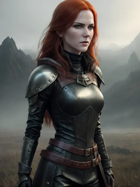 white skin, young Nicole Kidman as Triss Merigold, moss valley
(elegant beautiful face), leather assasin dress, brown leathet pants, magic fire hand, ((Fog))
redhead with freckles, green eyes, goth makeup,
intricately detailed, fine details, hyperdetailed, raytracing, (detailed skin, skin texture)

(((domineering look))), danger, (fear and horror), mordor, creepy, darkest terror background,
(detailed skin, skin texture), intricately detailed, fine details, hyperdetailed, raytracing, subsurface scattering, diffused soft lighting, shallow depth of field, by (Oliver Wetter)
Atey Ghailan, by Jeremy Mann, Greg Manchess, Antonio Moro, trending on ArtStation, trending on CGSociety, Intricate, High Detail, Sharp focus, dramatic, photorealistic painting art by midjourney and greg rutkowski, bokeh on background