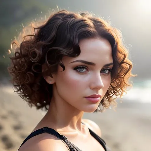 (sharp focus:1.2), photo, attractive young woman, (beautiful face:1.1), detailed eyes, luscious lips, (cat eye makeup:0.85), (large eyes:1.0), (toned body:1.2), (curly hair:1.2), wearing (romper:1.2) on a (beach:1.2). (moody lighting:1.2), depth of field, bokeh, 4K, HDR. by (James C. Christensen:1.2|Jeremy Lipking:1.1).