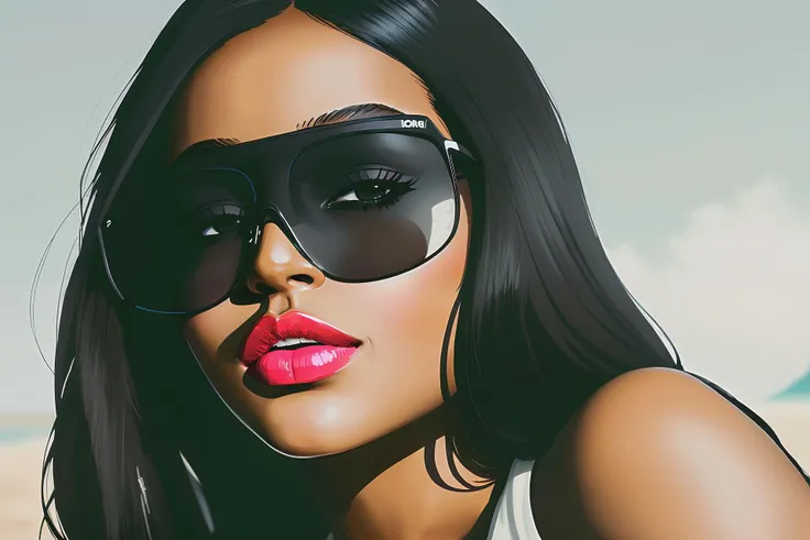painting gangster woman face with sunglasses, (chocolate skin tone:1.3) haughty look, mouth open a bit, (chocolate skin tone:1.2), (facial tattoo:1.2), high heel shoes, Grafitti art, detailed acrylic, (thick black outlines:1.4), (thick white outlines:1.4), (oily lips:1.4), highlights, high contrast, bold shadow, brush strokes, illustration, drawing, painting by famous artist, low skin texture, low details, Hard light scattering, soft cinematic light, dim colors, faded, ambient light, against the backdrop of a beach, octane tint