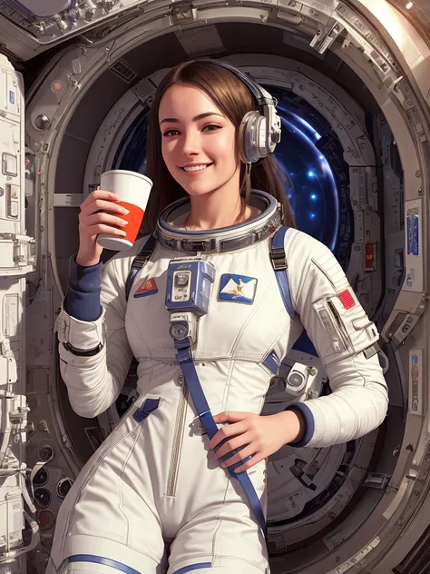 a female in space suit on space station, in weightlessness, holding a cup, photorealistic, intricate details, hdr, antialiased, 8k, syd mead, sharp details, vallejo, little smile