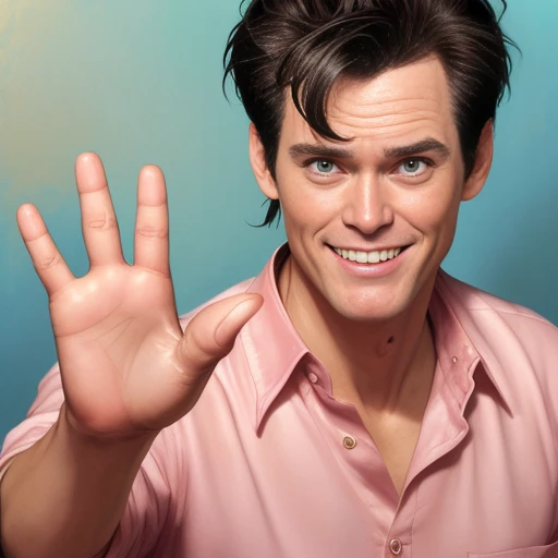 (Cute Ace Ventura:1.1), Jim Carrey smirk,(shows the one palm with six fingers:1.2), by artgerm and Drew Struzan and Krenz Cushart