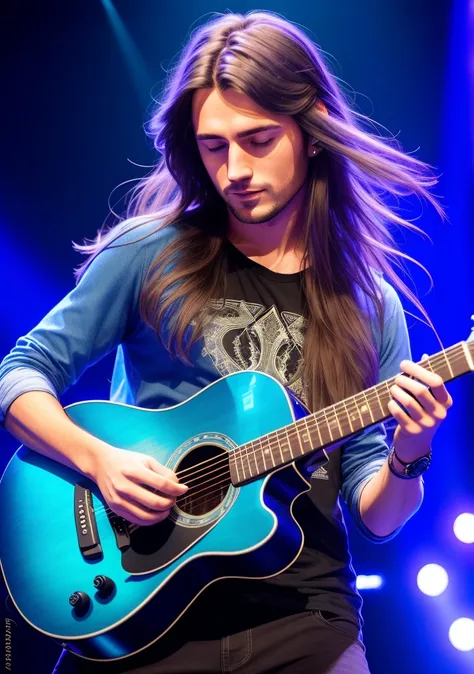 a man with long hair playing a guitar on stage at a concert with blue lights behind him, intricate details, (at distance:1.1), (rayonism:1.4), (luminous:1.2), (biomechanical:1.2), (lightroom:1.13), soft light, (natural skin texture:1.2), (hyperrealism:1.2), sharp focus, focused