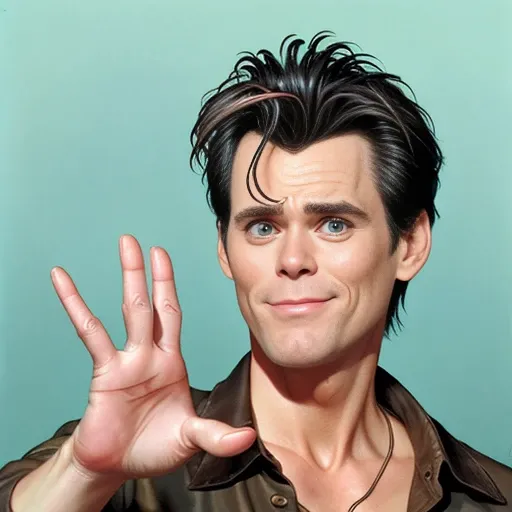 (Cute Ace Ventura:1.1), Jim Carrey ,(shows the one palm with six fingers:1.2), by artgerm and Drew Struzan and Krenz Cushart