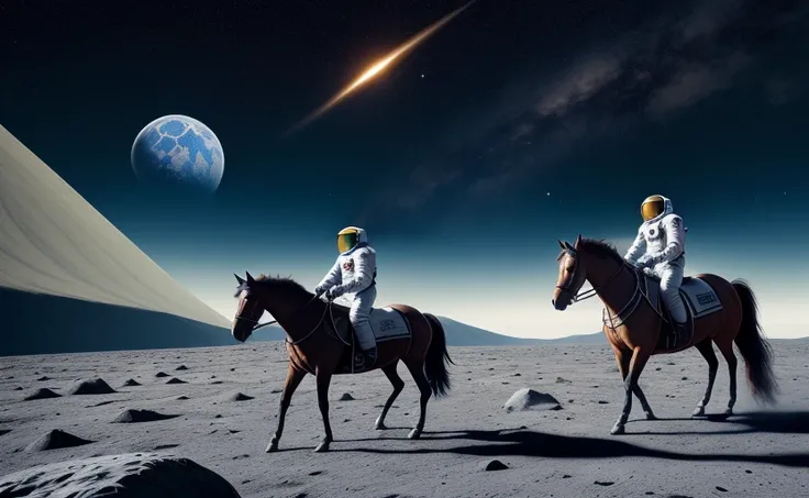 a black and white photo of two spaceman on horses in a field with a man on a horse on the moon's surface,high quality, 8k,very_high_resolution,