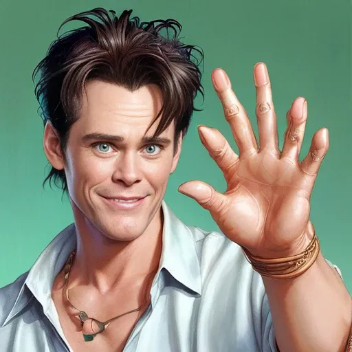 (Cute Ace Ventura:1.1), Jim Carrey ,(shows the one palm with six fingers:1.2), by artgerm and Drew Struzan and Krenz Cushart