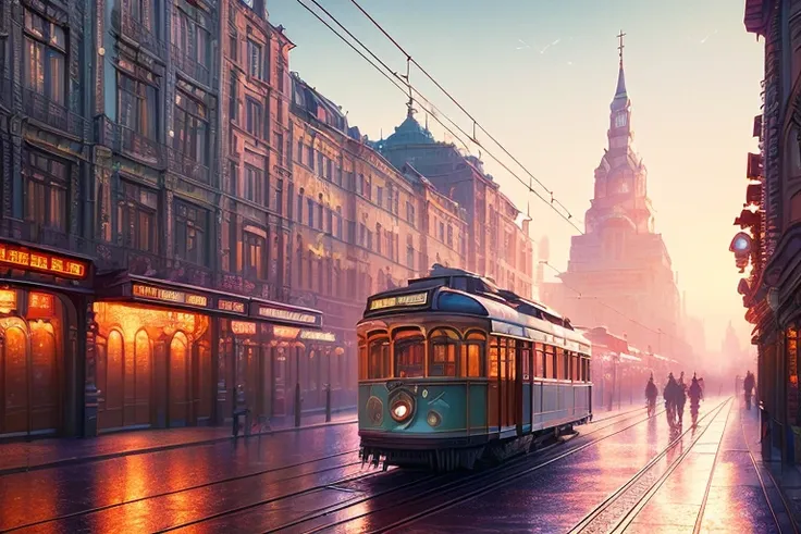 ((highres)), ((masterpiece)) cityscape, retrofuturism city, old tram, sunny day. Robert Lee Zemeckis, fantasy film, ussr atmospheric, intricate, elegant retro, sharp, highly detailed, Greg Rutkowski, hard focus, panaranic, epic realistic,, hdr. 8k, (dark shot:1.17), epic realistic, faded, ((neutral colors)), art, (hdr:1.5), (muted colors:1.2), hyperdetailed, (artstation:1.5), cinematic, warm lights, dramatic light, (intricate details:1.1), complex background, (rutkowski:0.8), (teal and orange:0.4)
