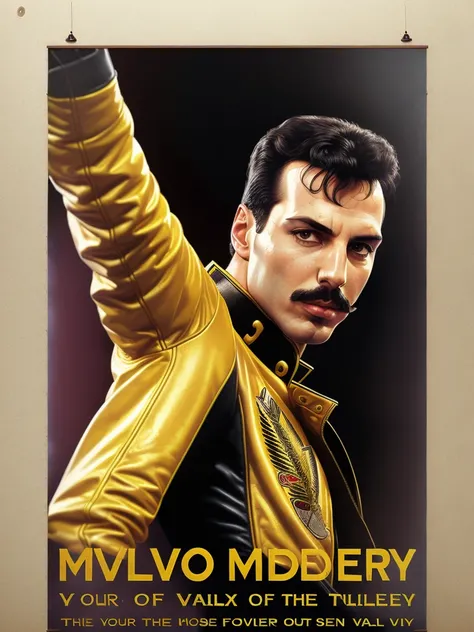 Freddie Mercury, yellow jacket, raised his hand up, vhs effect, (poster:1.6),poster on wall, nostalgia, movie poster, portrait,
(skin texture), intricately detailed, fine details, hyperdetailed, raytracing, subsurface scattering, diffused soft lighting, shallow depth of field, by (Oliver Wetter)