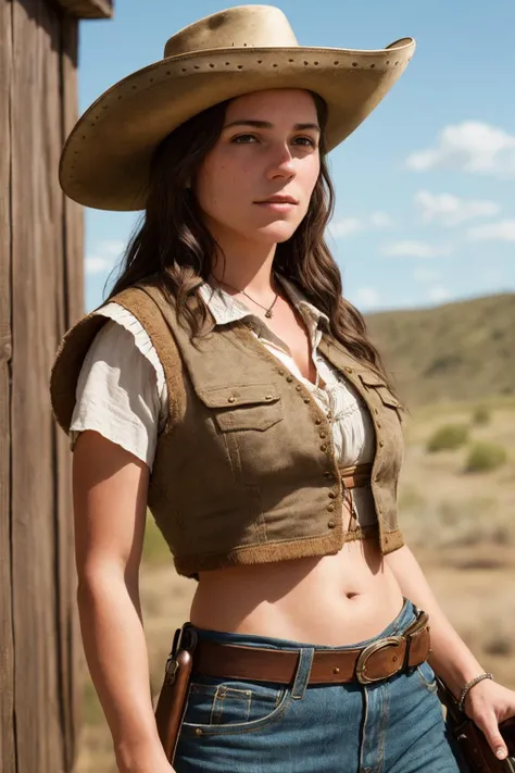 (photo, realistic), (American frontier),
female, cowgirl, (detailed skin texture:1.2),
hat, crop-top vest, t-shirt, pistol,
tavern,
high quality, film grain, depth of field,