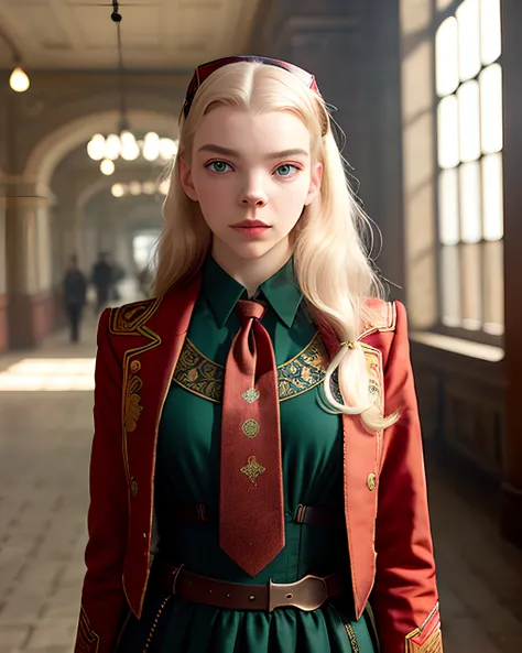 photo of anya taylor-joy , [ USSR girl style | steampunk |  USSR girl style ], [steampunk | USSR city background], canon like photo , aperture F1.8,  soft light, lut, incredible detailed,  realism ,(fabric with intricate pattern:1.2),hammer and sickle, red tie,  <lora:epiNoiseoffset_v2:1>   ANAT0J3  ulzzang-6500
