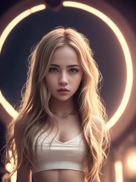 cinematic shot, centered, cinematography, intricately detailed, crafted, meticulous, magnificent, maximum details, extremely hyper aesthetic, realistic, (((1girl, solo))), 18age, long hair, Blonde hair, (((center)))