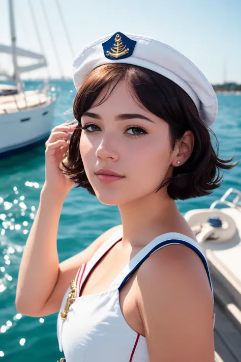 (photo, realistic),
female, sailor, detailed skin texture, bob hair,
sailor hat, sailor suit,
sailboat bow, next to harbor, water splash,
hand on forehead, looking beyond,
wind, high quality, film grain, depth of field,