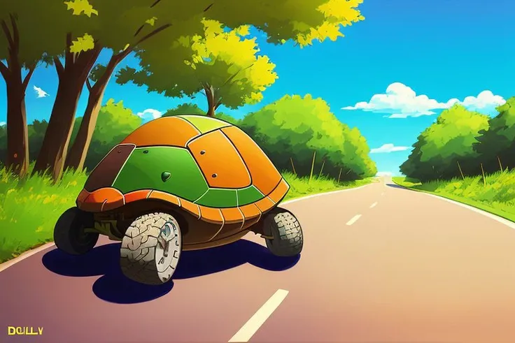 [turtle:car: 16], sunny day, road, (acrylic paint:0.3),art, artstation, (cartoon:0.5), (dull colors:1.5), (anime style:1.1)