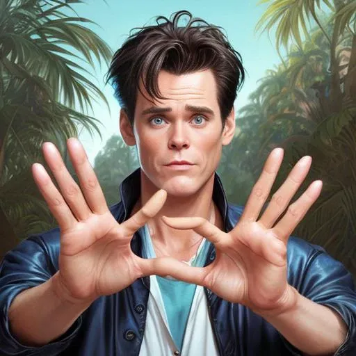 (Cute Ace Ventura:1.1), Jim Carrey ,(shows the one palm with six fingers:1.2), by artgerm and Drew Struzan and Krenz Cushart