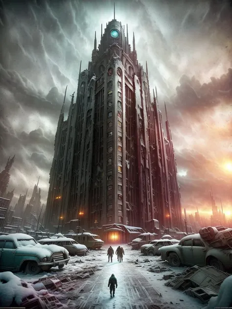 end of the world, epic realistic, (hdr:1.4), (muted colors:1.4), apocalypse, freezing, abandoned, neutral colors, night, screen space refractions, (intricate details), (intricate details, hyperdetailed:1.2), artstation, cinematic shot, vignette, complex background, buildings, snowy, fallout, art deco, war-torn city, retro