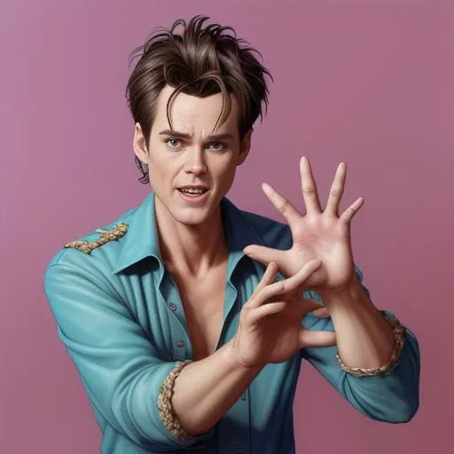 (Cute Ace Ventura:1.1), Jim Carrey ,(shows the one palm with six fingers:1.2), by artgerm and Drew Struzan and Krenz Cushart