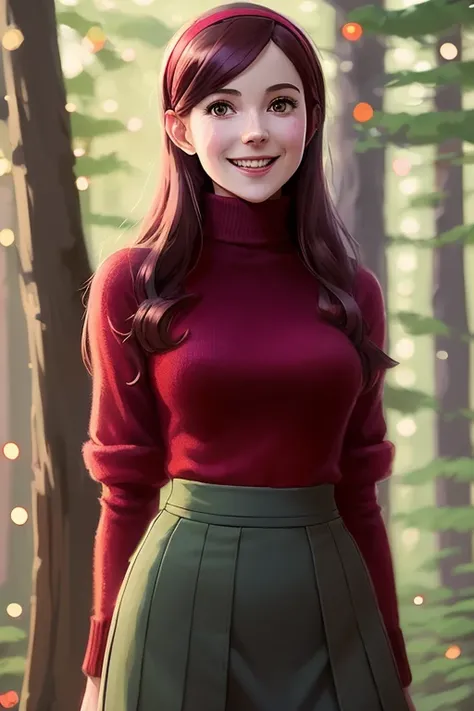 adult naked mable pines from Gravity Falls, cartoon style, wearing a long red turtleneck, red hairband, violet skirt, waist length brown hair, Atey Ghailan, Jeremy Mann, Antonio Moro, Intricate, high detail, Sharp focus, dramatic, painting art by midjourney and greg rutkowski, bokeh, laughing, artstation, daytime, summer, closeup