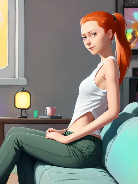 ((Summer Smith from Rick and Morty)), sitting on the couch and watching TV, (cartoon style), anime, wearing in a pink t-shirt, (big eyes), smile
(muscular:1.3)
long ponytail orange red hair, (nude)
Atey Ghailan, by Jeremy Mann, Greg Manchess, Antonio Moro, trending on ArtStation, trending on CGSociety, Intricate, High Detail, Sharp focus, dramatic, photorealistic painting art by midjourney and greg rutkowski, bokeh on background