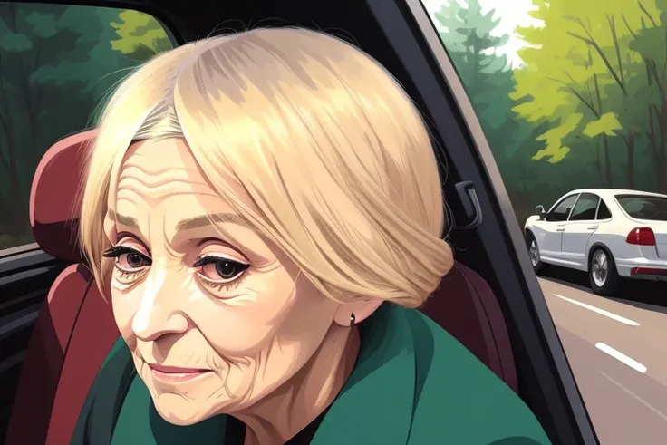 single (old woman:1.5) (in the car), blond, [bangs] braids, big eyes, small chin, small nose, cry, sunny day, road, forest, (acrylic paint:0.3),art, artstation, (cartoon:0.5), (dull colors:1.5), (anime style:1.1)