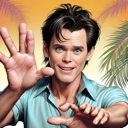 (Cute Ace Ventura:1.1), Jim Carrey ,(shows the one palm with six fingers:1.2), by artgerm and Drew Struzan and Krenz Cushart