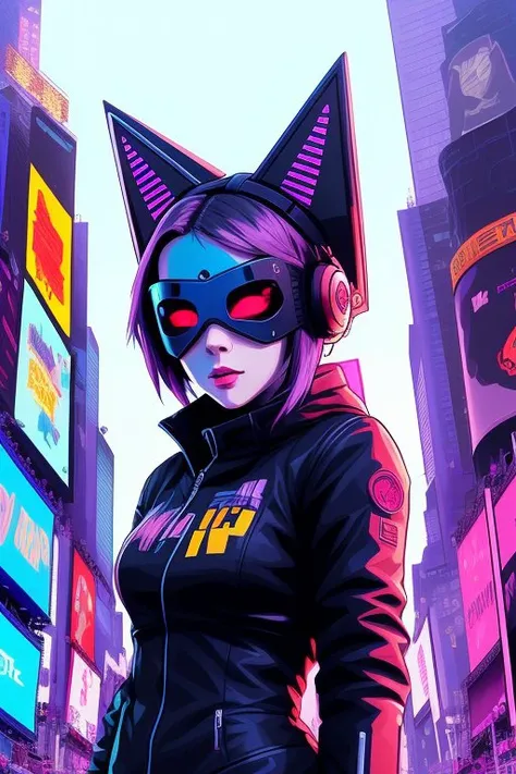 a cyberpunk [kitten:girl:10], mask, (Times Square:1.2), (acrylic paint:0.3),art, artstation, (cartoon:0.5), (dull colors:1.5), (anime style:1.1)