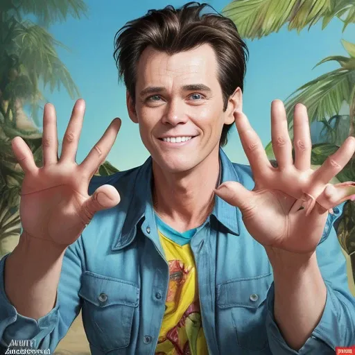 (Cute Ace Ventura:1.1), (Jim Carrey smirk:1.1),(shows the one palm with six fingers:1.2), portrait by artgerm and Drew Struzan and Krenz Cushart