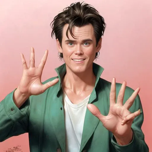 (Cute Ace Ventura:1.1), Jim Carrey ,(shows the one palm with six fingers:1.2), by artgerm and Drew Struzan and Krenz Cushart