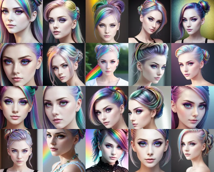 Award Winning Glamour HDR Picture of an attractive Girl, (detailed face:1.2), (detailed pupils:1.2), (clean face:1.4), (rainbow hair:1.2), (intricate, fancy hairstyle:1.2), bun, (pale skin:1.2), (Depth of Field:1.2), 8K