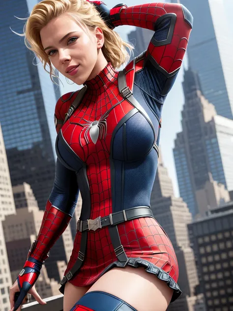 Scarlett Johansson in a spider-man suit, sexy, (mini skirt:1.1), belt, deep neckline, cheeky smile, in new york, shot on dslr, detailed face, big hips, amazing body, amazing legs, cinematography, maximum details, neutral colors, hdr, muted colors, soft cinematic light, insane details, intricate details, hyperdetailed,erected nipples, ass, panties