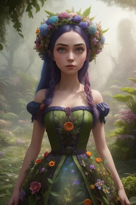 a realistic dreamlike half body scene of a fairy in a magical garden, long and multicolored hair, wearing a dress made of foliage with a vine at the waist in the (((Fairycore style))), (very beautiful face), ( beautiful and big eyes), diffuse light , vivid colors, Metaphysical, 1girl, solo, beautiful and big eyes, disney artwork, unreal engine, fantasy, artstation, detailed, digital painting,cinematic,character design by mark ryden and pixar and hayao miyazaki, unreal 5, daz, hyperrealistic, octane render