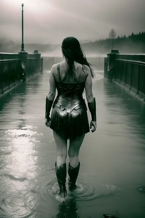 analog style, (from_behind:1.4), (wonderwoman| Gal Gadot) (dirty:1.2) and (soaked:1.4) looking ahead on a Very Dark Gray and Rainy Night in dynamic pose, wet long hair, sexy, black, (wet), (((shadowy mood))), on Rooftop and Dark City as background, muscle, toxic, epic realistic, faded, low saturation, ultra realistic, (((spotlight on top))), cinematic, (dramatic rim light), fog and bloom effects, 8k, high quality, film grain, Fujifilm XT3, (gray_scale:1.4)