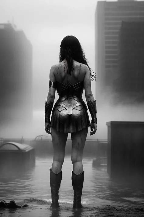 analog style, (from_behind:1.4), (wonderwoman| Gal Gadot) (dirty:1.2) and (soaked:1.4) looking ahead on a Very Dark Gray and Rainy Night in dynamic pose, wet long hair, sexy, black, (wet), (((shadowy mood))), on Rooftop and Dark City as background, muscle, toxic, epic realistic, faded, low saturation, ultra realistic, (((spotlight on top))), cinematic, (dramatic rim light), fog and bloom effects, 8k, high quality, film grain, Fujifilm XT3, (gray_scale:1.4)