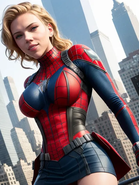 Scarlett Johansson in a spider-man suit, sexy, (mini skirt:1.1), belt, deep neckline, cheeky smile, in new york, shot on dslr, detailed face, big hips, amazing body, amazing legs, cinematography, maximum details, neutral colors, hdr, muted colors, soft cinematic light, insane details, intricate details, hyperdetailed,erected nipples, ass, panties