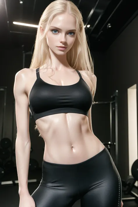 (realistic photo shot in a dark studio), (masterpiece), best quality, highres, absurdres, (photo by Canon 5d, 50mm ZEISS lens), (8k uhd, hdr, dof), (professionally color graded), (medium full body shot), (20 year old girl sexy poses in the gym), s(ports leggings, sports bra), beautiful detailed face, supermodel, (skinny and fit body:1.2), small breasts, pale skin, detailed long blond hair, heavy makeup, realistic skin pores, hourglass proportions, sharp focus, rim lighting, dimly lit, two tone lighting, dark,<lora:epiNoiseoffset_v2:1>, (realistic sweaty skin, glistening skin:1.2),