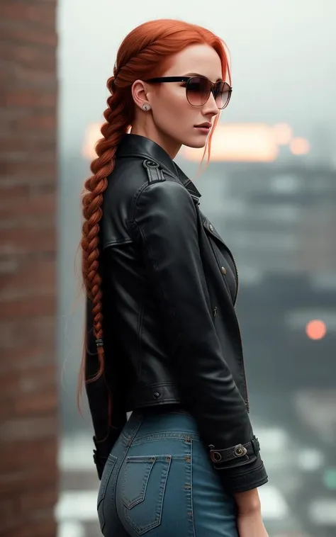 a young woman, full face, in profile, bent down, arched her back, happy, blonde, 40 yo, in full height, slim teacher with cyberpunk-sunglasses, denim short jacket in black color, (perfect perky tits), cleavage, on a photographic grey-brick wall background, slate atmosphere, cinematic, dimmed colors, dark shot, muted colors, insane details, intricate details, hyperdetailed, low contrast, soft cinematic light, film grainy, lut, insane details, intricate details, [[[freckles]]], exposure blend, hdr, faded, a close up portrait of a wet, ((full-length photo)), mysterious, happy, light red head, one very bushy braid, 30 yo, svetavesnina, busty, cleavage, hotel in the background, trenchcoat, slate atmosphere, cinematic, very strong rainfall, dimmed colors, dark shot, muted colors, film grainy, lut, insane details, intricate details, [[[freckles]]]