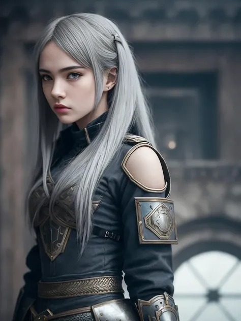 cinematic shot, centered, cinematography, intricately detailed, crafted, meticulous, magnificent, maximum details, extremely hyper aesthetic, (((1girl, solo))),
18age, long hair, grey hair, Realistic, armored dress,