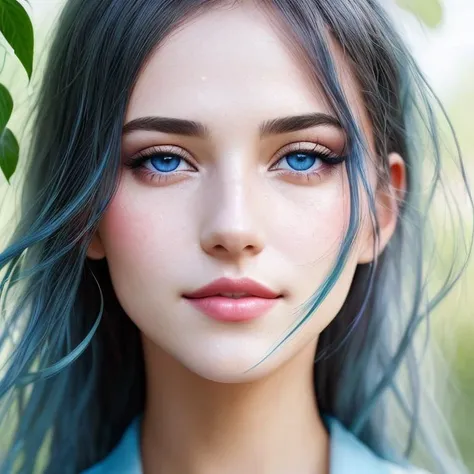 closeup, European photo model, easy smile, (heterochromia, vitiligo,:1.2) fine body, skin moles, (the wind develops the hair:1.2), (The lace negligee:1.1), noon, looking at camera, (shade of leaves:1.2), professional studio, (natural skin texture, hyperrealism, soft light, sharp:1.2), A young woman wakes up and sees that she is inside a simulated world. Three-layer picture. Layer A (20%): Contour of laser light in blue and red. Layer B (40%): Artificial world. Layer C (40%): Simulation. Spray paint on blue glass. High detail, sharp focus, masterpiece quality. 32k resolution. Perfect Face. Perfect faces. If there are body parts, they are normal