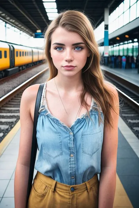 half body photo of, young woman at train station, freckles, makeup, Kodak Ultra Max, 85mm, shot on iphone 7, dslr, high quality, photorealistic, raw, 4k