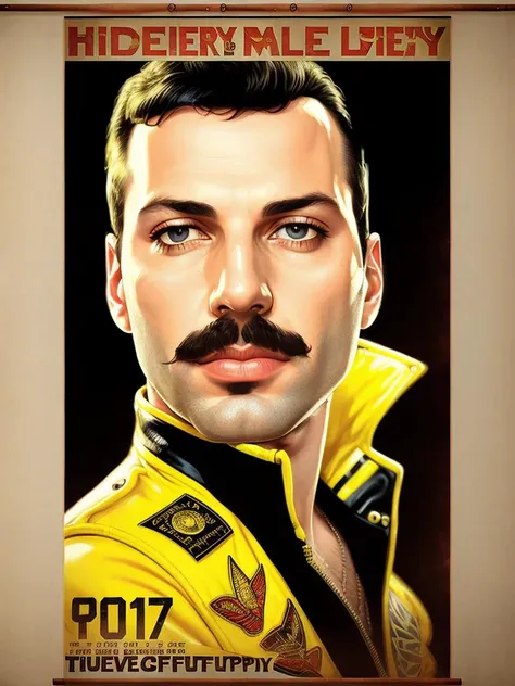 Freddie Mercury, yellow jacket, vhs effect, (poster:1.6),poster on wall, nostalgia, movie poster, portrait,
(skin texture), intricately detailed, fine details, hyperdetailed, raytracing, subsurface scattering, diffused soft lighting, shallow depth of field, by (Oliver Wetter)