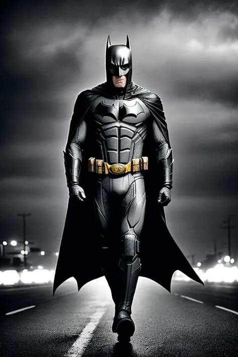 analog style, Batman made out of rusty metal power walking on a Very Dark Gray and Rainy Night in (dynamic pose), ((long cape fluttering in the wind)), dirty and opaque black suit, serious, (shadowy mood), Dark Gotham City as background, toxic, muscle, epic realistic, faded, low saturation, ultra realistic, (((spotlight on top))), cinematic, (dramatic rim light), (high detailed suit:1.2), fog and bloom effects, 8k, high quality, film grain, Fujifilm XT3, (gray_scale:1.4)