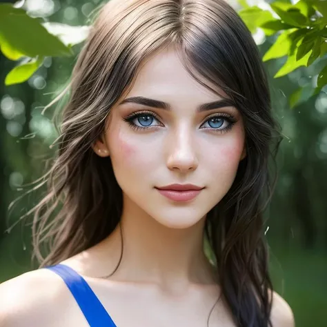 closeup, European photo model, easy smile, (heterochromia, vitiligo,:1.2) fine body, skin moles, (the wind develops the hair:1.2), (The lace negligee:1.1), noon, looking at camera, (shade of leaves:1.2), professional studio, (natural skin texture, hyperrealism, soft light, sharp:1.2), A young woman wakes up and sees that she is inside a simulated world. Three-layer picture. Layer A (20%): Contour of laser light in blue and red. Layer B (40%): Artificial world. Layer C (40%): Simulation. Spray paint on blue glass. High detail, sharp focus, masterpiece quality. 32k resolution. Perfect Face. Perfect faces. If there are body parts, they are normal