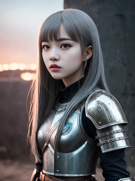 cinematic shot, centered, cinematography, intricately detailed, crafted, meticulous, magnificent, maximum details, extremely hyper aesthetic, (((1girl, solo))),
18age, long hair, grey hair, Realistic, armored dress,